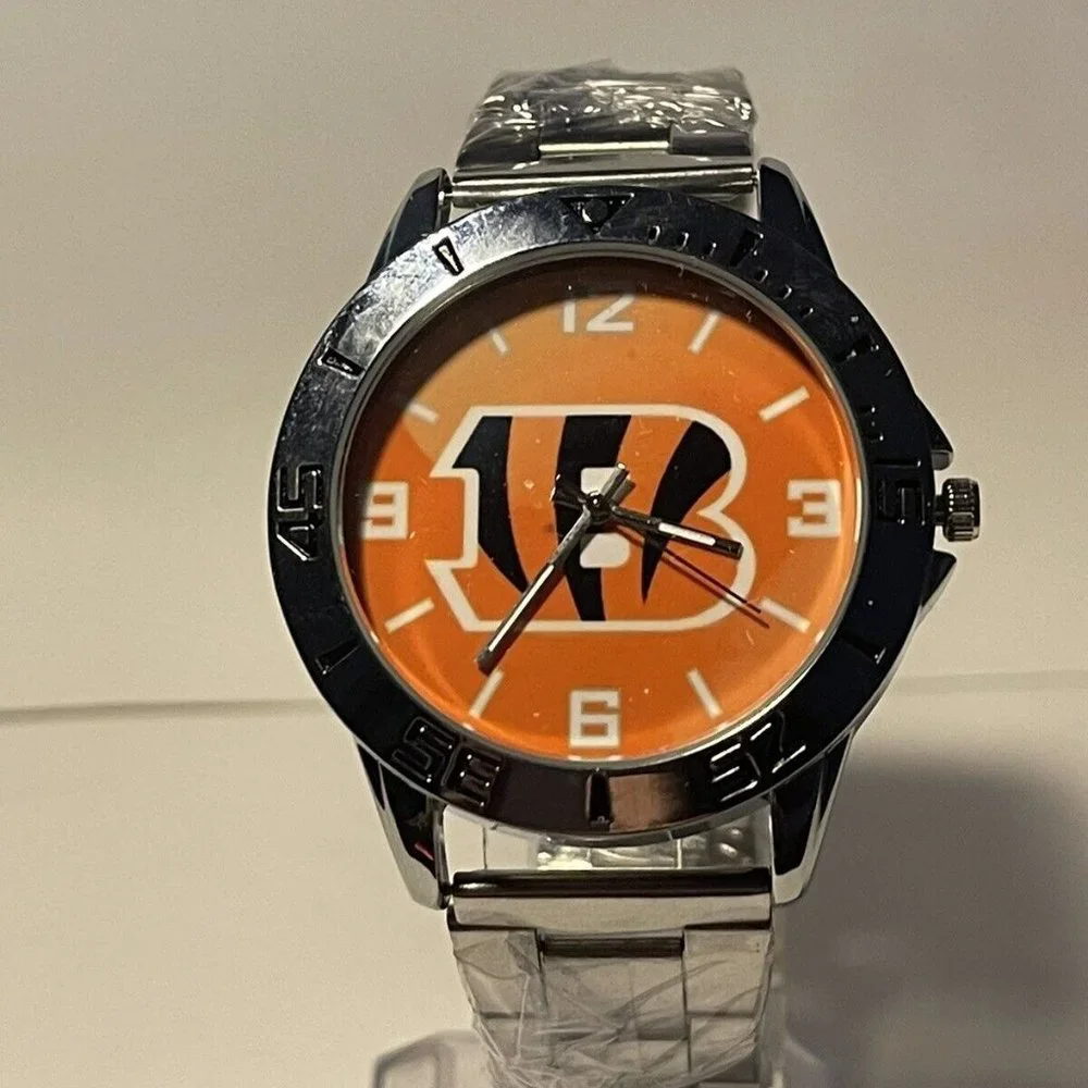 CINCINNATI BENGALS NFL Team Logo Men's Stainless-Steel Silver Analog Watch NEW
